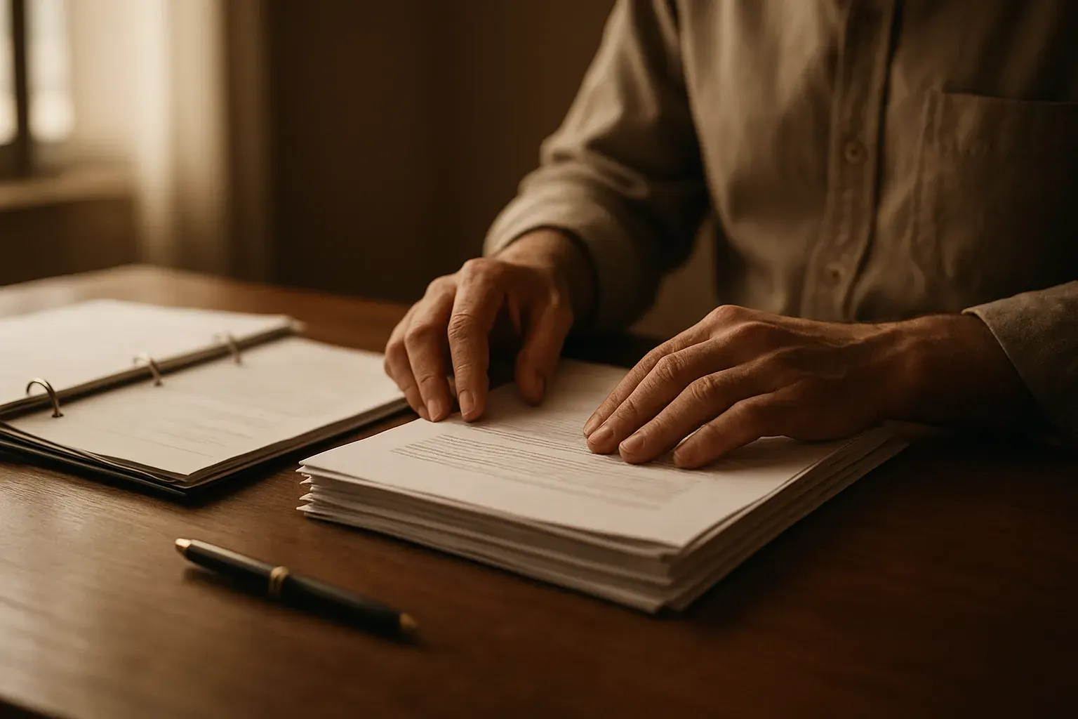A translator’s hands arranging a stack of documents at a wooden desk in the Getafe office