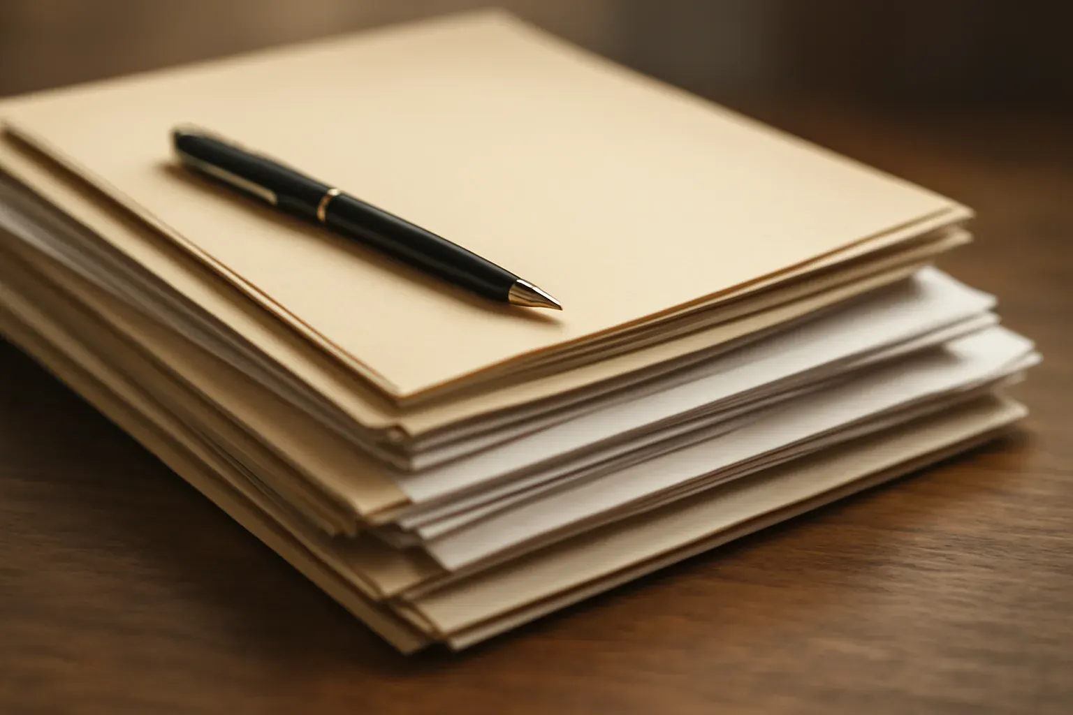 A neat stack of bound document folders and contract pages on a desk