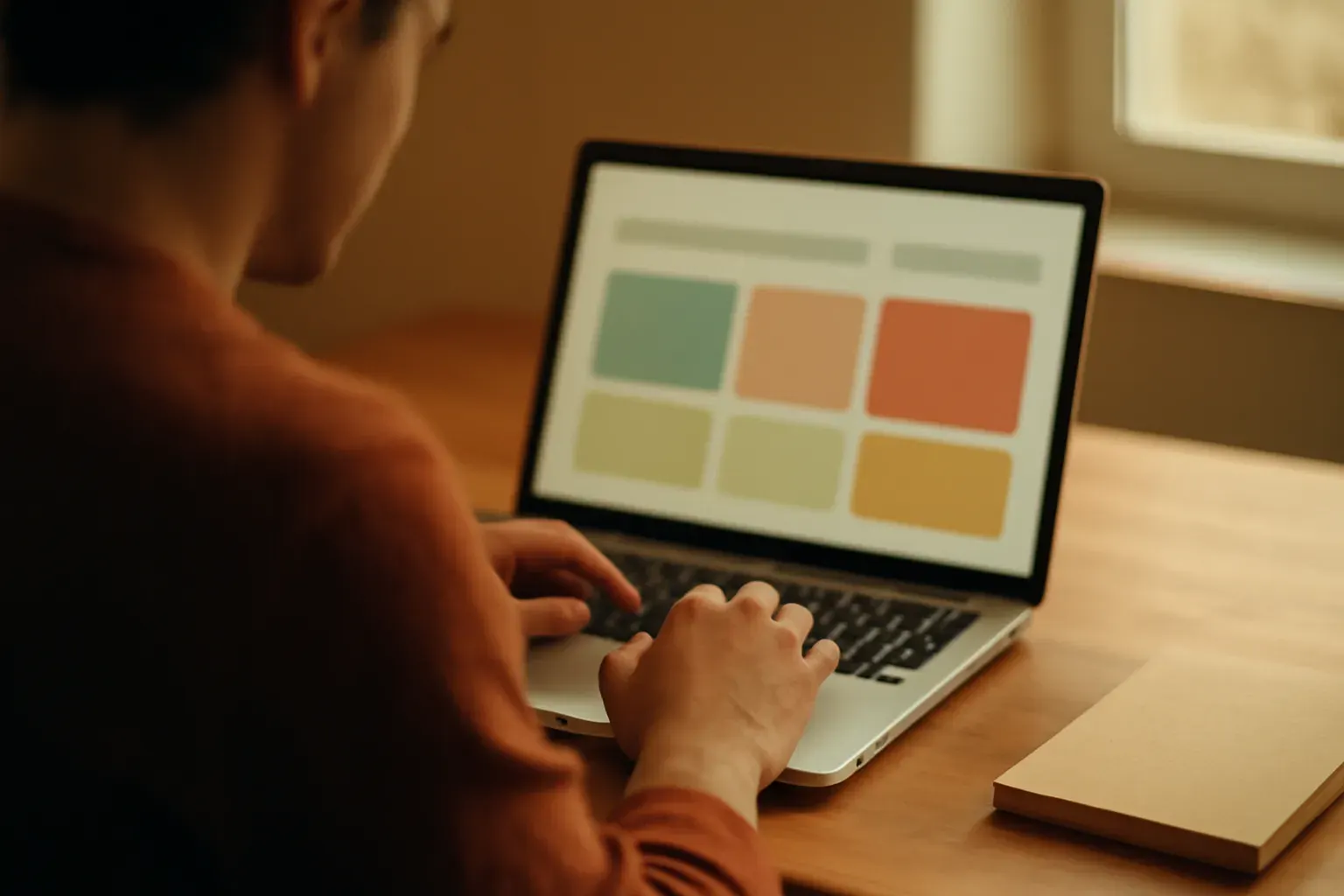 Someone working at a laptop showing an abstract multi-panel app interface