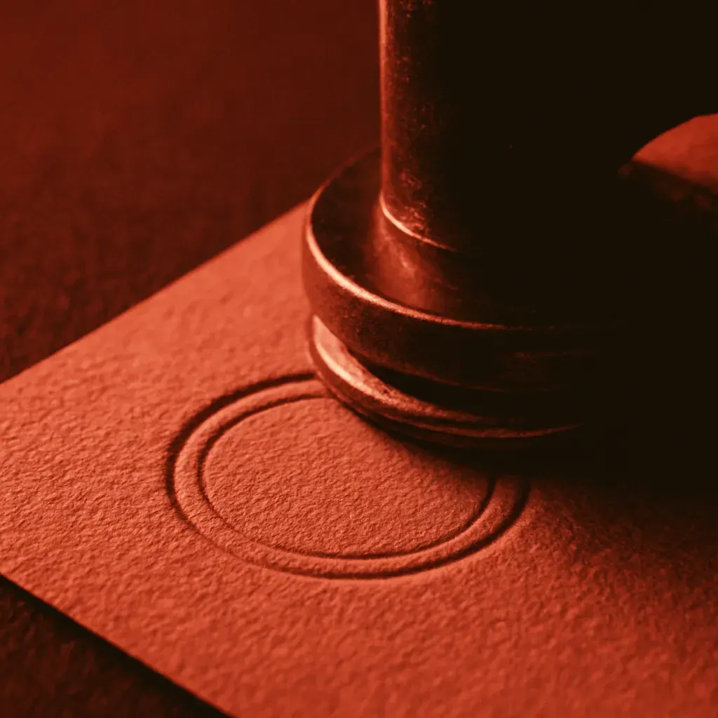 Macro detail of an embossing seal pressing into the corner of a folded document
