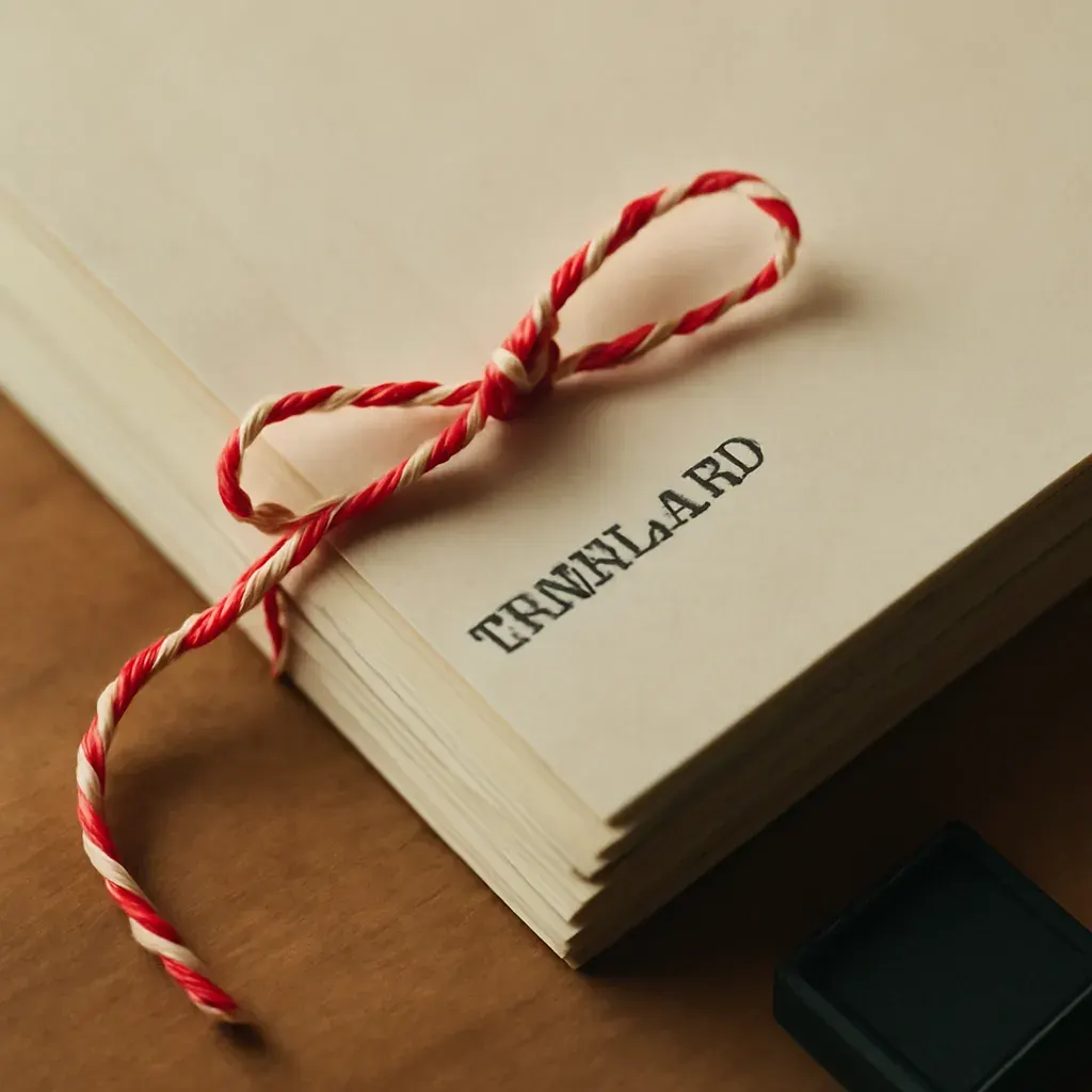 A bundle of translated pages bound with ribbon