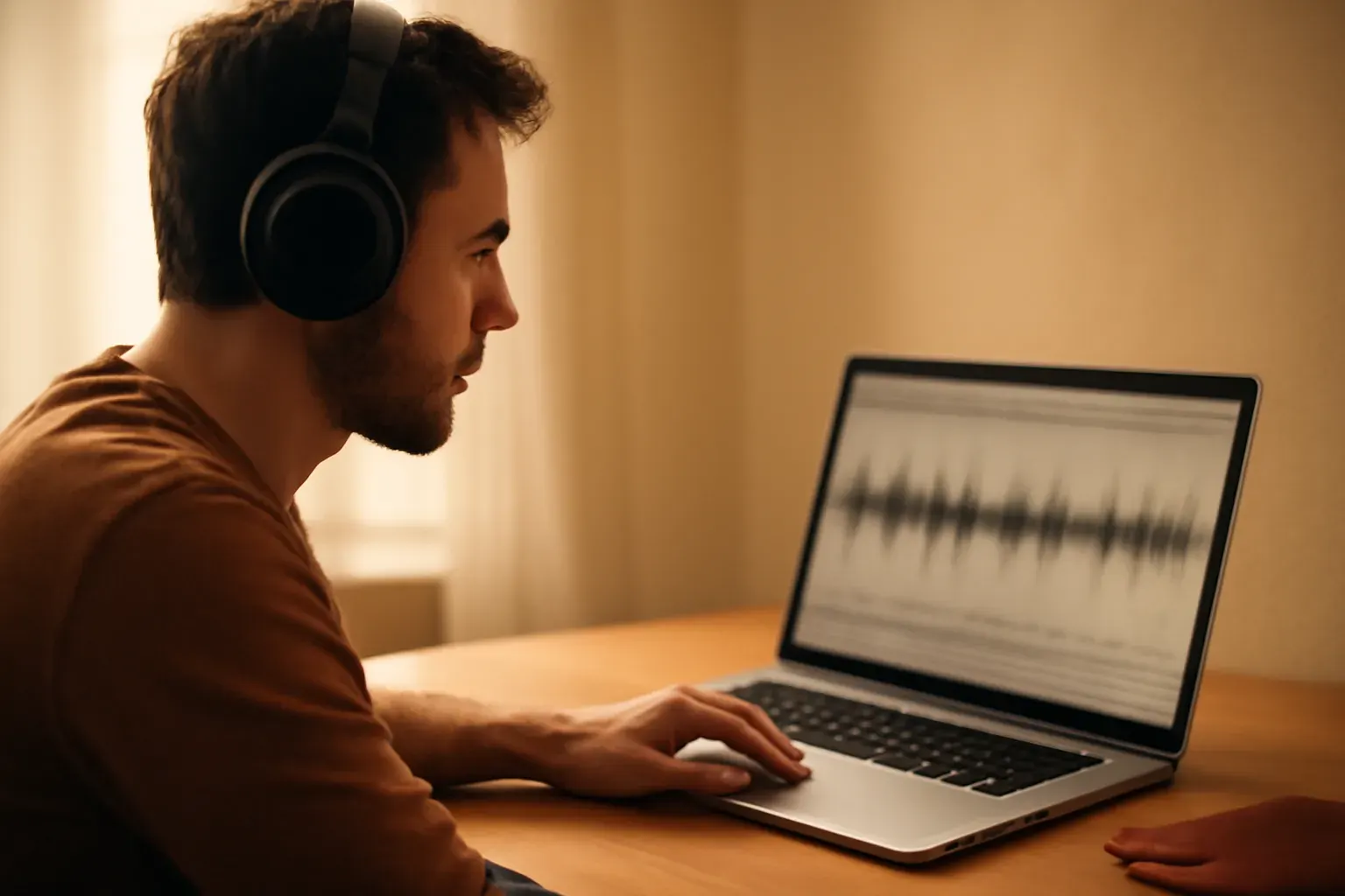 An editor wearing headphones working beside a laptop showing an audio waveform